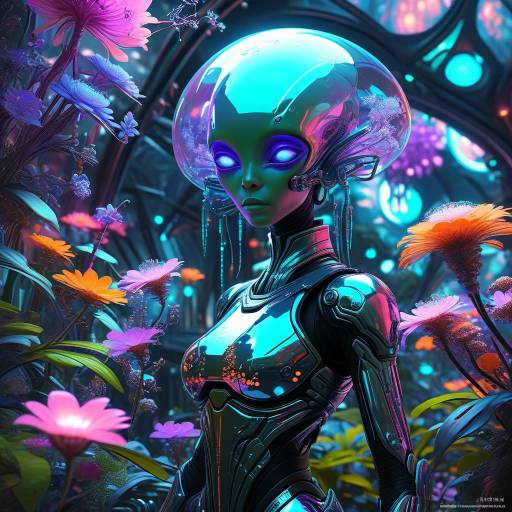 Futuristic Alien Android in Neon Botanical Garden