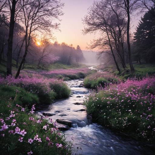 Dreamy Stream in Blooming Landscape
