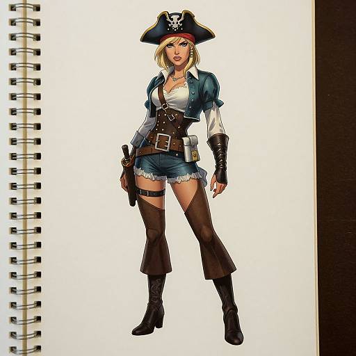 Digital drawing of a blonde woman in a pirate outfit: blue jacket, white shirt, black shorts, thigh-high boots, pirate hat with skull. Spiral