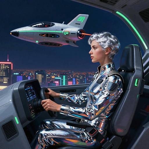Digital art of a silver-haired person in shiny silver spacesuit driving futuristic spaceship, with neon-lit cityscape and hovering jet in background.