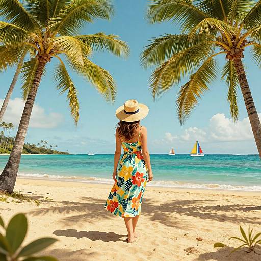 Photograph of a woman in a floral sundress and sunhat walking on a tropical beach with palm trees, clear blue sky, and sailboats on