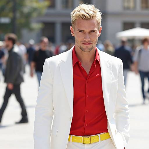 Photograph of a blonde man with styled hair, wearing a white suit, red shirt, yellow belt, standing outdoors with a blurred city background.