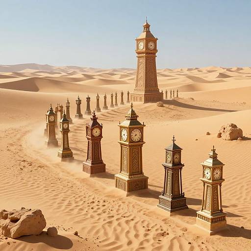 Surreal 3D Tower Clocks in Desert