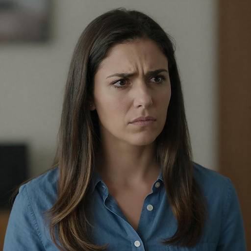 Focused Woman in Blue Button-Up