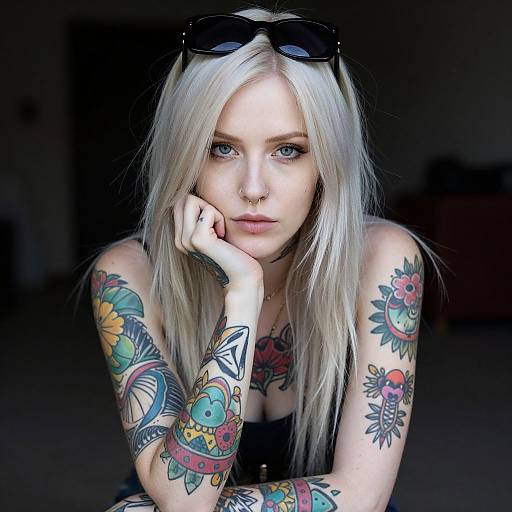 Photograph of a blonde woman with blue eyes, wearing black sunglasses on her head, heavily tattooed arms, and a nose ring, resting her chin