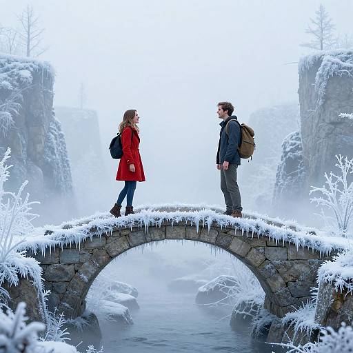 Photograph of a couple standing on a snow-covered, icy bridge, facing each other; woman in red coat, man in blue jacket, misty