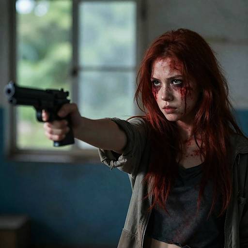 Red-Haired Woman Pointing Gun with Blood on Face