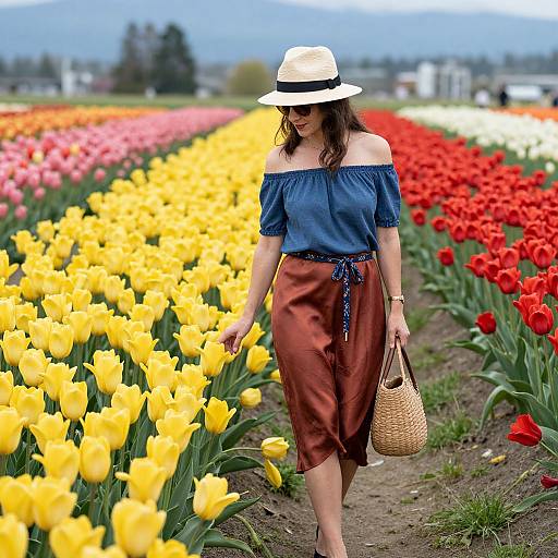 Photograph of a woman in a blue off-shoulder top and brown skirt, wearing a white hat, walking through vibrant yellow, red, and