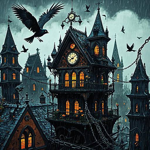 Neo-Victorian Gothic Clock Tower in Rain
