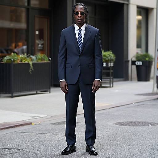 Photograph of a tall, dark-skinned man in a black suit, white shirt, and striped tie, standing on a city street, wearing sunglasses