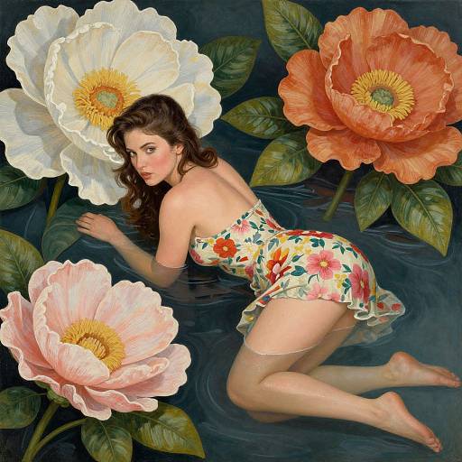 Digital painting of a fair-skinned woman with wavy brown hair, wearing a floral dress, lying in water surrounded by large, colorful peonies
