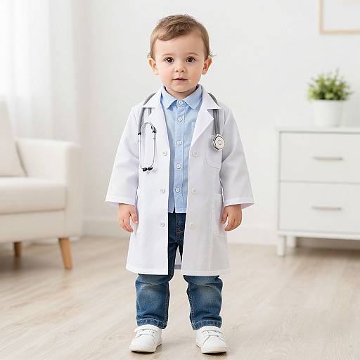 Photograph of a young boy in a white doctor's coat, blue shirt, denim jeans, and white shoes, standing in a bright, modern living