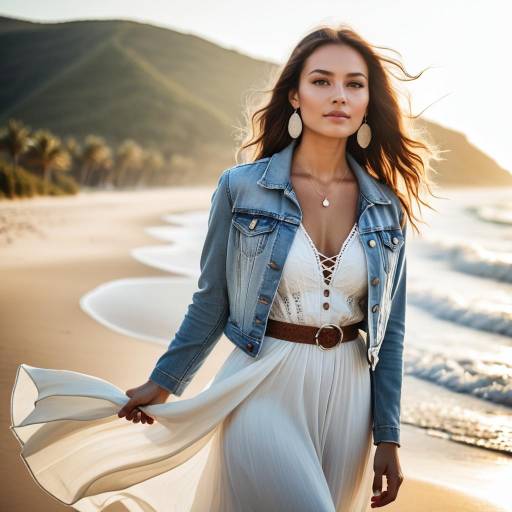 Woman in Denim Jacket and White Maxi Dress on Beach