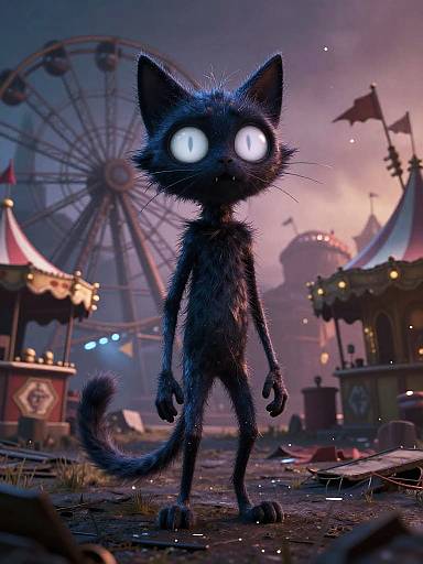 CGI image of a glowing-eyed, black-furred, anthropomorphic cat standing in a dimly lit, abandoned carnival with a large Ferris wheel
