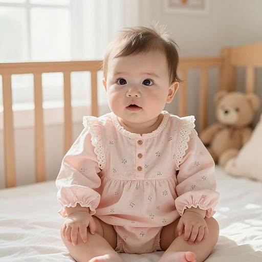 Photograph of a cute, fair-skinned baby with dark hair, wearing a pink, button-up, floral-embroidered dress, sitting on