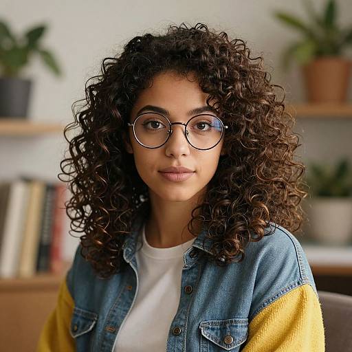 Photograph of a young woman with curly dark hair, wearing round glasses, blue denim jacket with yellow sleeves, and white tee, in a cozy room