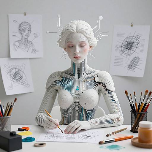 Digital art of a white-skinned, cybernetic woman with circuitry patterns, drawing at a desk with pencils and sketches on the wall.