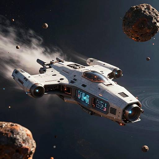 Sleek AI Spaceship in Asteroid Belt