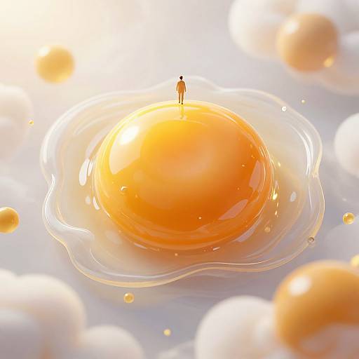 Digital artwork of a tiny person standing on a glowing, golden-orange egg yolk surrounded by soft, blurred bubbles in bright light.