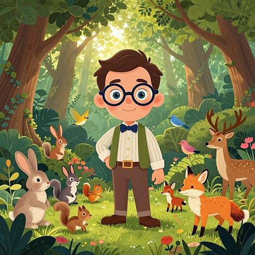 Illustration of a smiling boy with glasses in a forest, surrounded by colorful animals like rabbits, deer, foxes, and birds. Sunlight filters