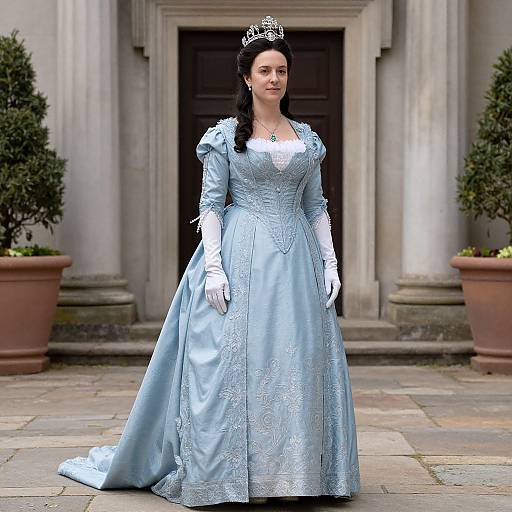Photorealistic image of a fair-skinned woman with black hair, wearing a silver tiara, light blue embroidered gown, white gloves, standing in
