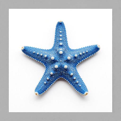 Photograph of a vibrant blue starfish with white beads embedded in its textured surface, centered on a white background.