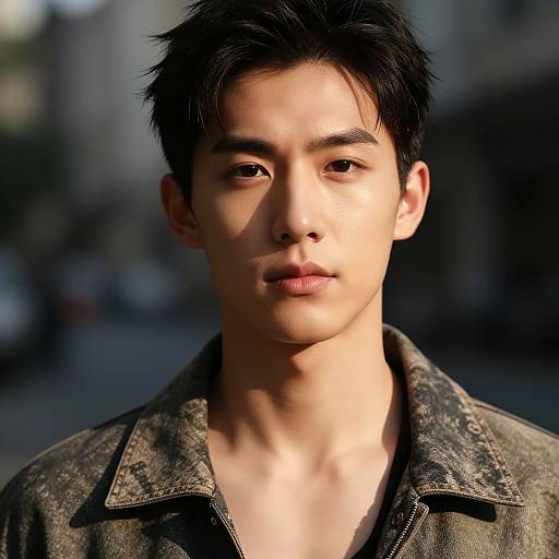 Photograph of an Asian man with short black hair, wearing a worn, dark green jacket, standing outdoors with a blurred urban background. Natural light highlights