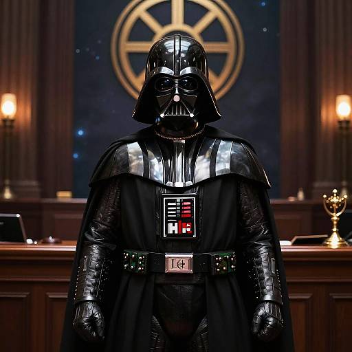 Photograph of Darth Vader in glossy black armor, standing in a dimly lit, formal courtroom with a dark blue background and gold emblem.
