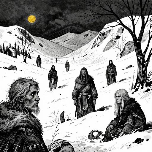 Digital drawing: Snowy night, yellow moon; bearded man in foreground, two women, and six cloaked figures with swords in background, barren