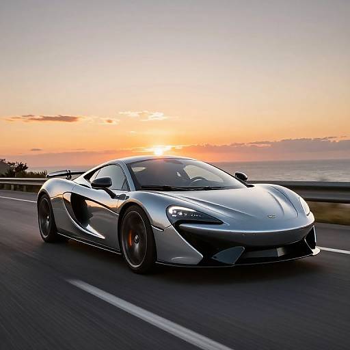Photograph of a sleek, silver Lamborghini Huracán driving on a highway at sunset, with a vibrant orange and purple sky in the background.