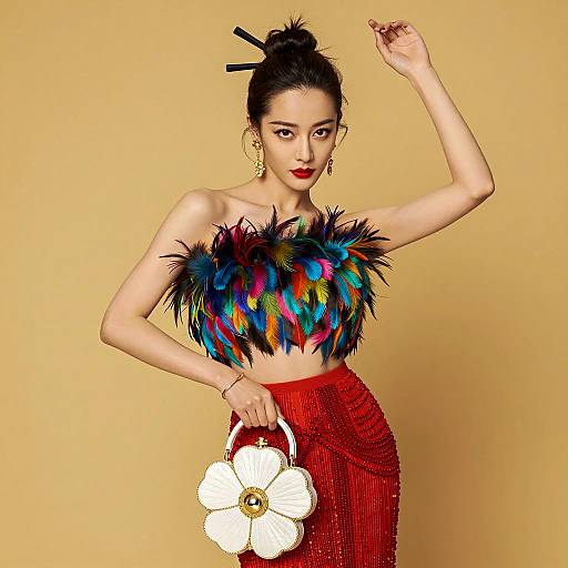 Elegant Asian Woman in Feathered Top and Red Skirt
