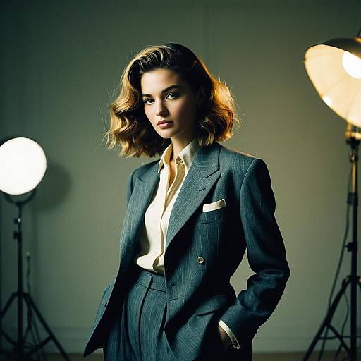 Fashion Model with Soft Waves in Vintage Suit