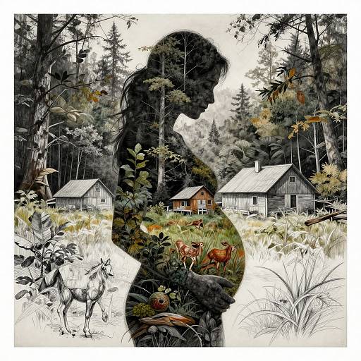 Silhouetted woman's profile in forest, overlaid with detailed, colorful illustration of deer, houses, and foliage, creating a layered, surreal