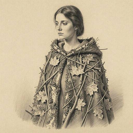 Surreal Pencil Drawing of Woman in Autumn Branch Cloak