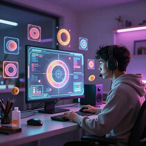 Photograph of a young man with curly hair, wearing a headset and hoodie, typing at a glowing computer in a neon-lit, modern bedroom.
