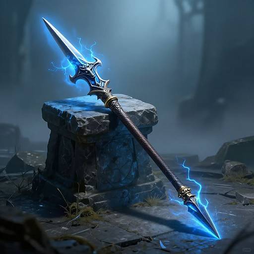 Digital artwork of a glowing blue, electrified spear with intricate golden hilt, resting on a stone pedestal in a foggy, ancient ruin.