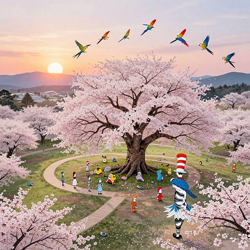 Digital illustration of cherry blossom tree at sunset, colorful birds flying, characters from 