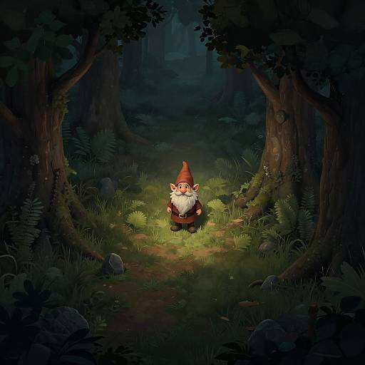 Digital illustration of a small, red-capped goblin with a white beard standing in a dark, enchanted forest, illuminated by a soft light.