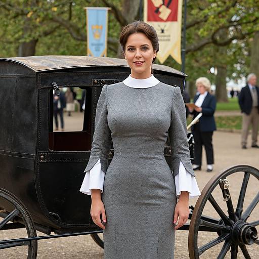 Photograph of a brunette woman in a gray, long-sleeved, high-collared dress standing beside a black horse-drawn carriage in a