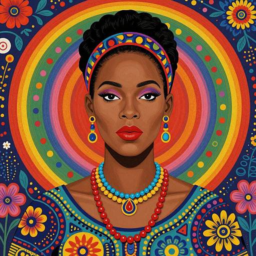 Vibrant digital illustration of a dark-skinned woman with bold red lips, colorful headband, earrings, and necklace, set against a psychedelic rainbow