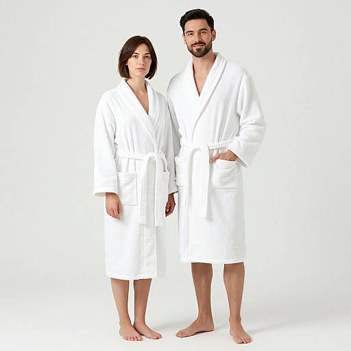 Photograph of a smiling couple standing side by side, both wearing white bathrobes, barefoot, against a plain white background.
