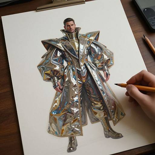 Photograph of a detailed, reflective, metallic drawing of a man in a futuristic, silver cloak, being colored with a pencil on white paper.
