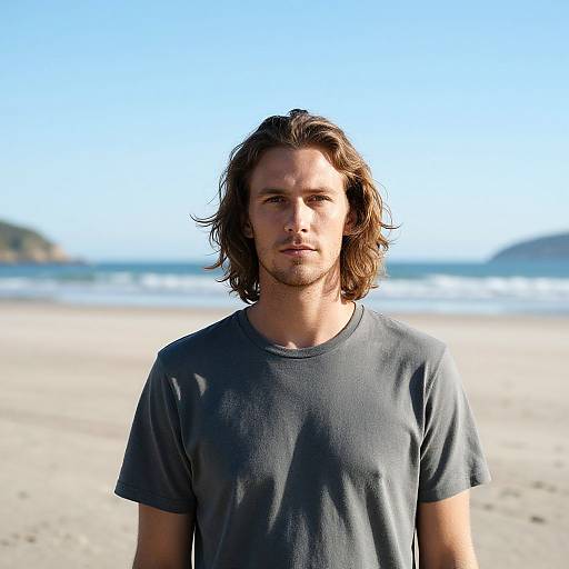 Photograph of a young man with shoulder-length brown hair, wearing a gray t-shirt, standing on a sunny beach with clear blue sky and ocean in