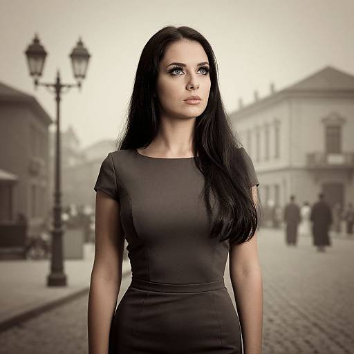 Photograph of a pale-skinned, dark-haired woman in a black dress standing on a foggy, cobblestone street with blurred lamppost