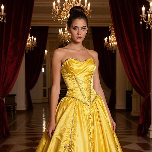 Photograph of a fair-skinned woman with dark hair in an elegant updo, wearing a strapless, sparkling yellow satin gown, walking on a