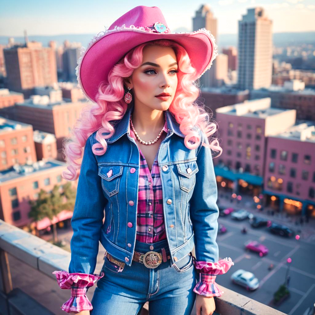 Glamorous Cowgirl in Cityscape Design