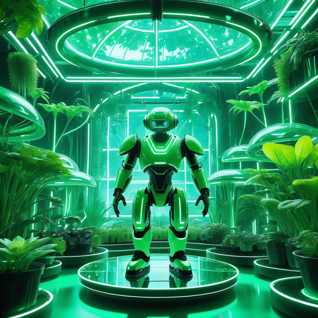 Surreal Robot Gardener in Futuristic Greenhouse