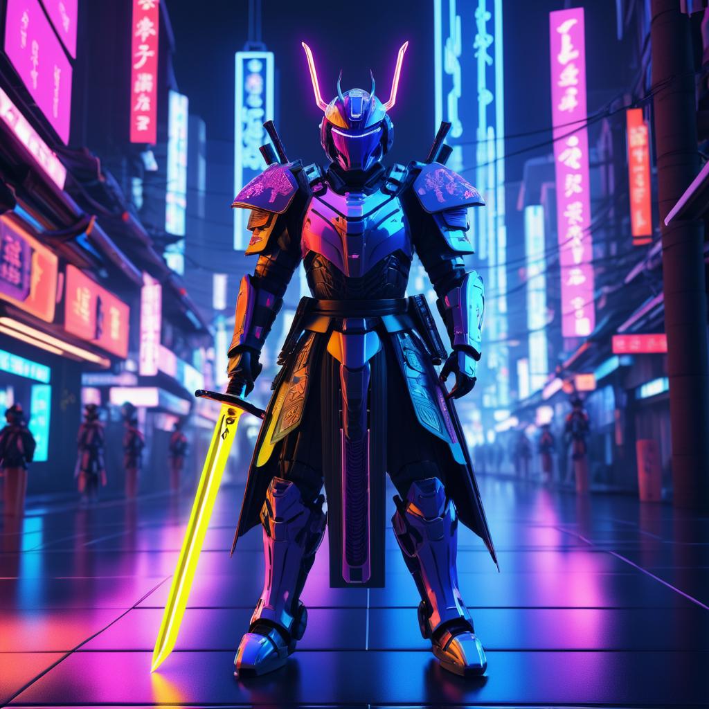 Cinematic Robotic Samurai in Neon City