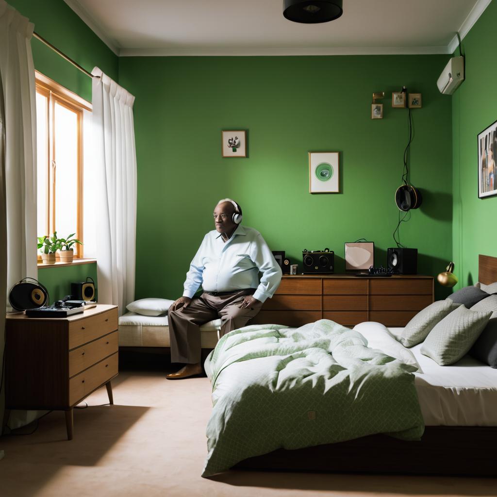 Elderly Man Enjoying Music in Bedroom