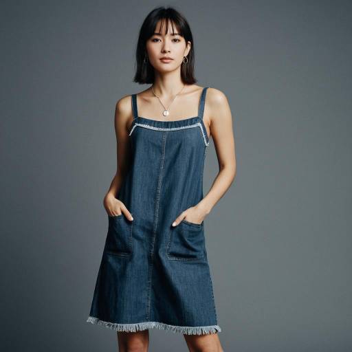Woman in Sleeveless Denim Dress with Fringe Edging
